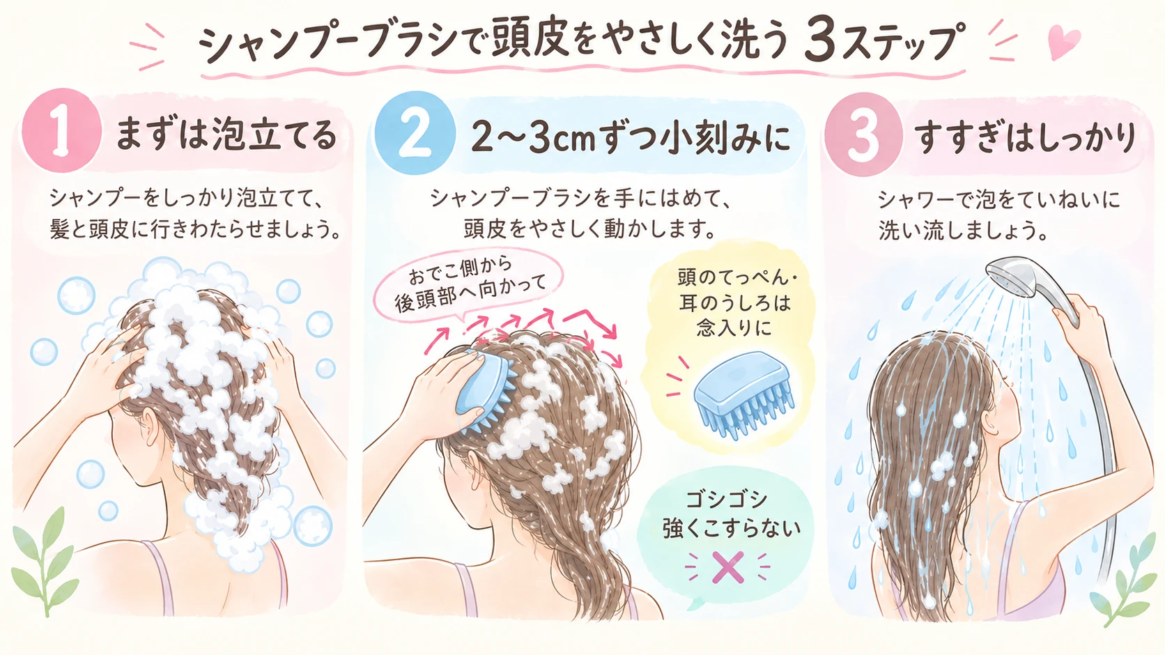 シャンプーブラシで頭皮をやさしく洗う3ステップ（泡立てる・2〜3cmずつ小刻みに・すすぎはしっかり）